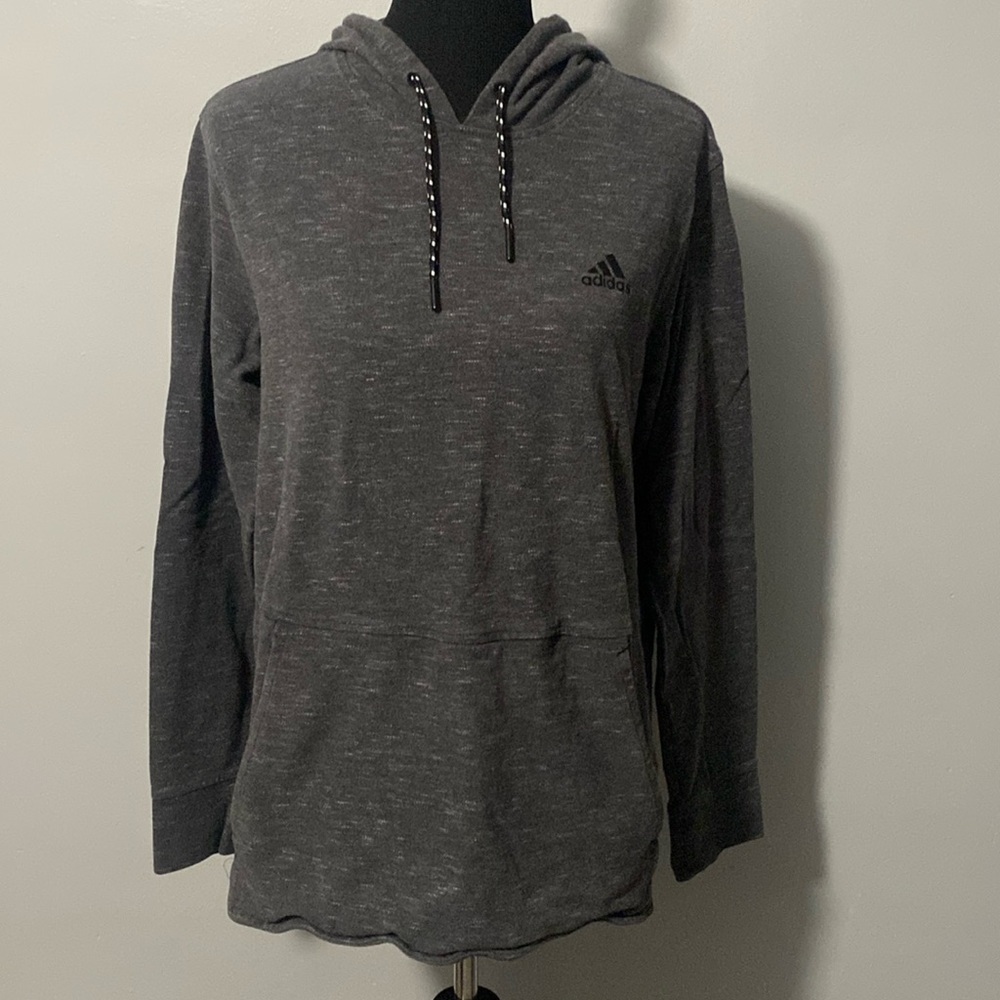 Adidas Women’s Sweatshirt Hoodie Dark Gray Heather Black Stitching & Tie Sz L